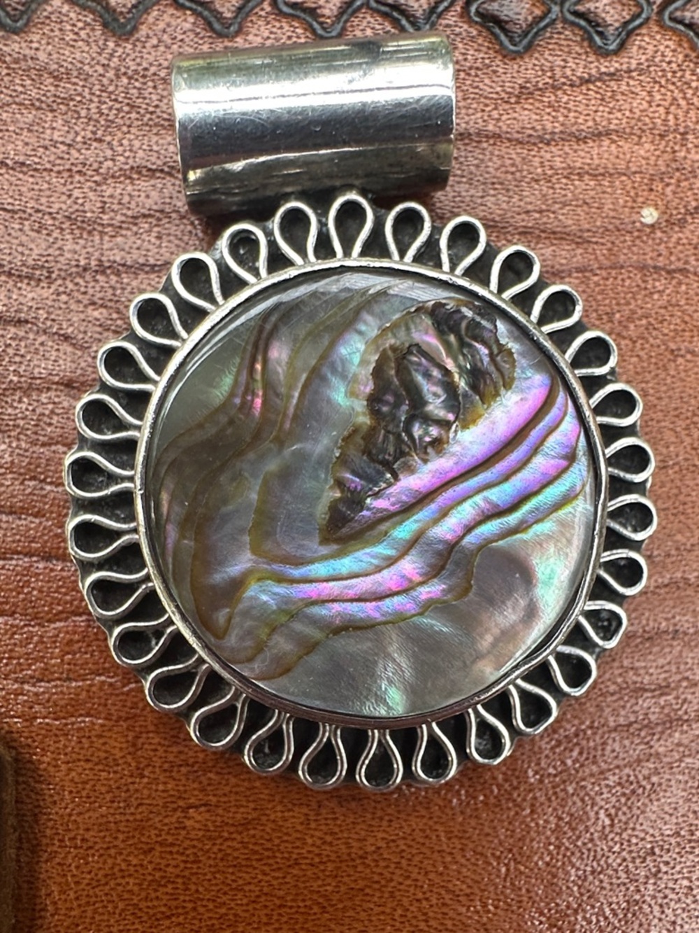 Vintage MWS Mexico Sterling Silver Abalone Shell Slider Pendant